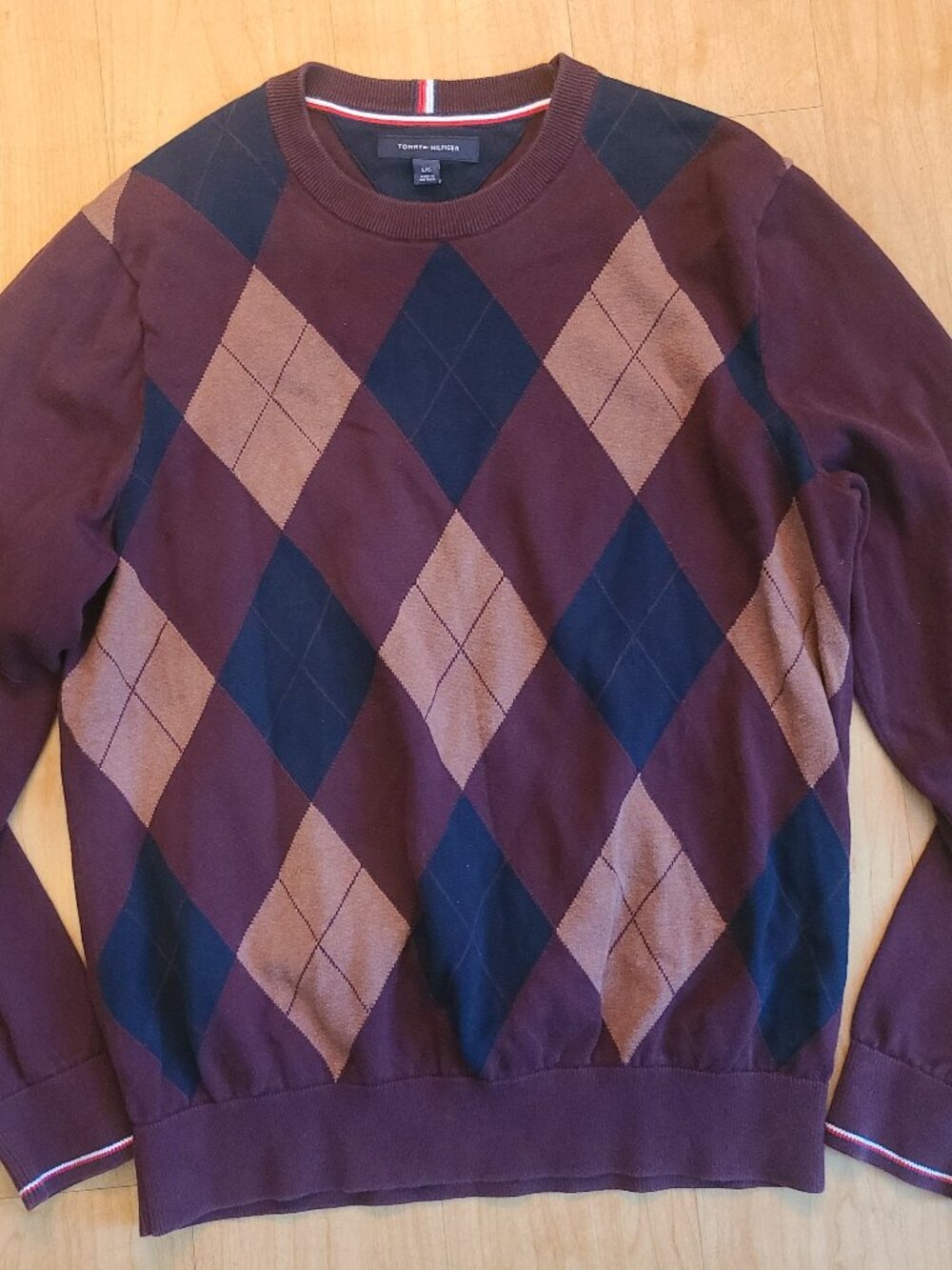 Tommy Hilfiger Mens Sweater Large Argyle Knit Crewneck Burgundy Navy Beige L/G